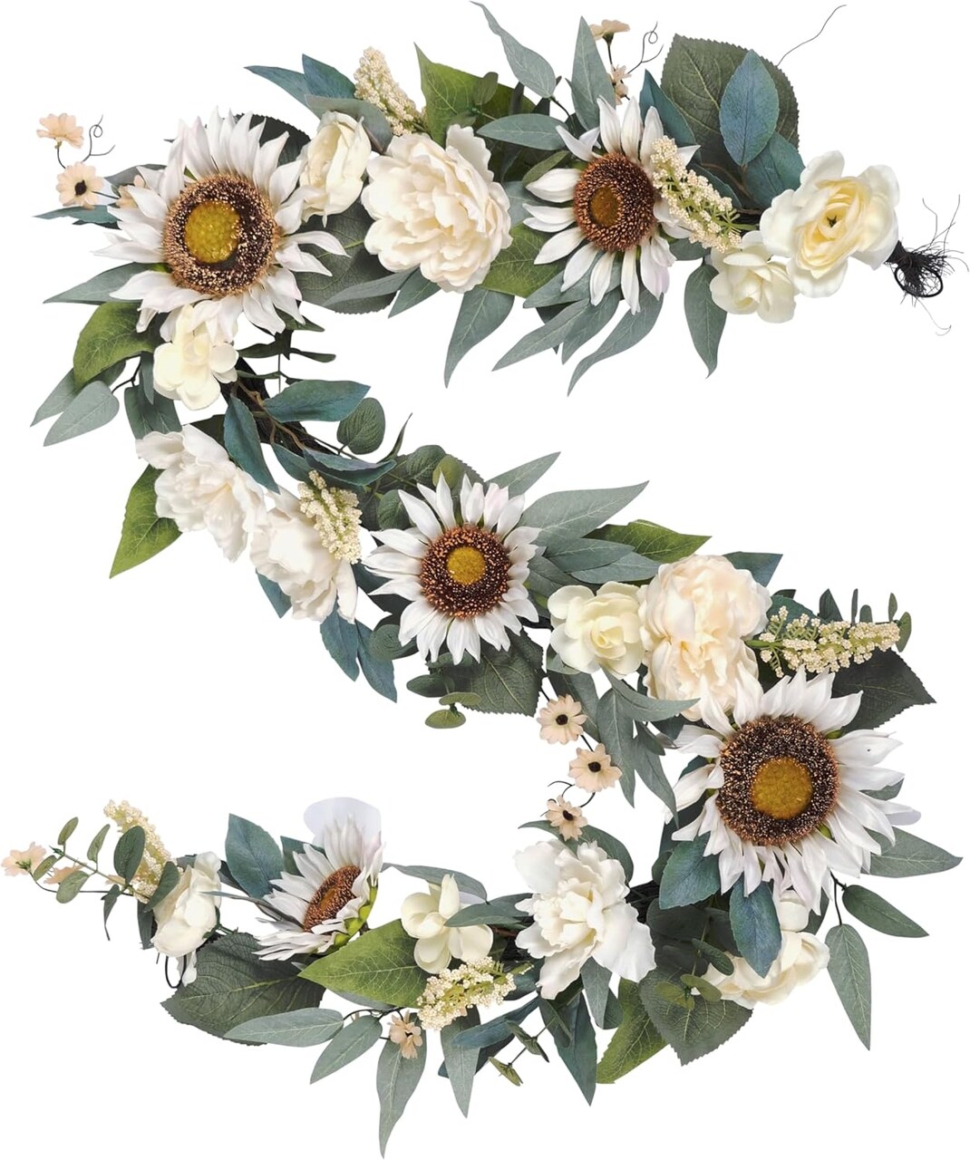 6FT Artificial Flower Garland Décor – Handcrafted Sunflower, Rose & Peony Floral Vine Swag for Spring & Summer, White Floral Arrangement for Home, Table, Mantel, Railing, Stair, Door, Wedding Party Arch & Backdrop